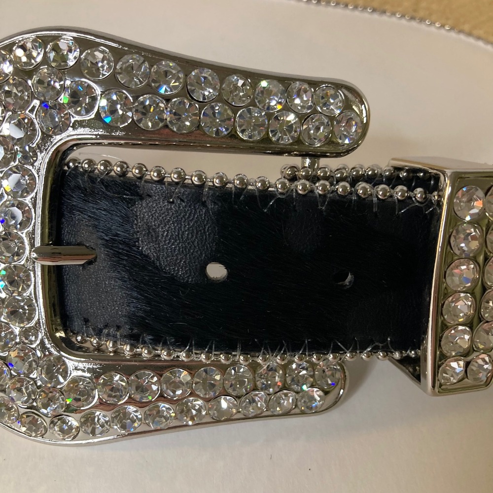Vintage 1849 Authentic Ranchwear Rhinestone Cross Calfhair Belt 34-L Black 1.5"W - Picture 6 of 12